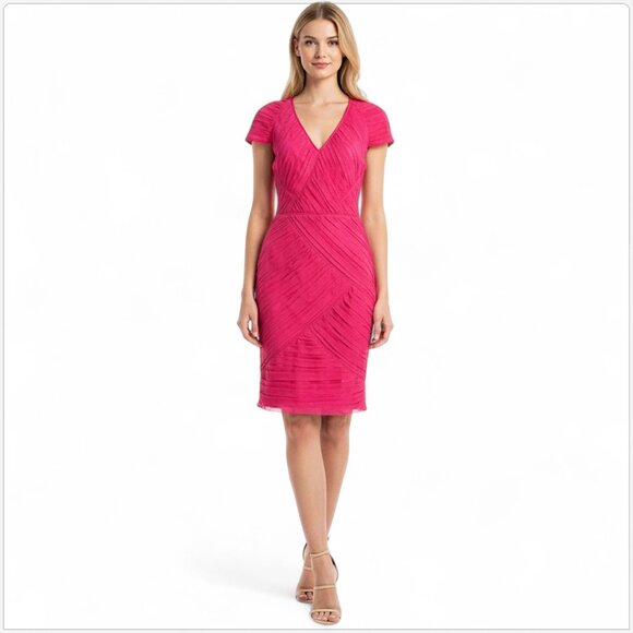 Tadashi Shoji Pink Fuchsia Silk Chiffon V-Neck Cocktail Party Sheath Dress 12 - Picture 1 of 5